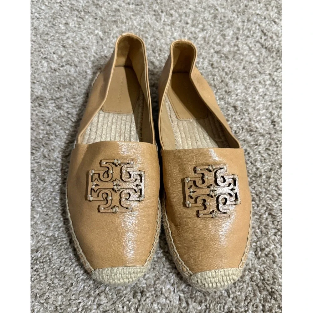 Tory Burch Ines Leather Espadrilles Tan Double T Logo Flats 8M Resortwear
